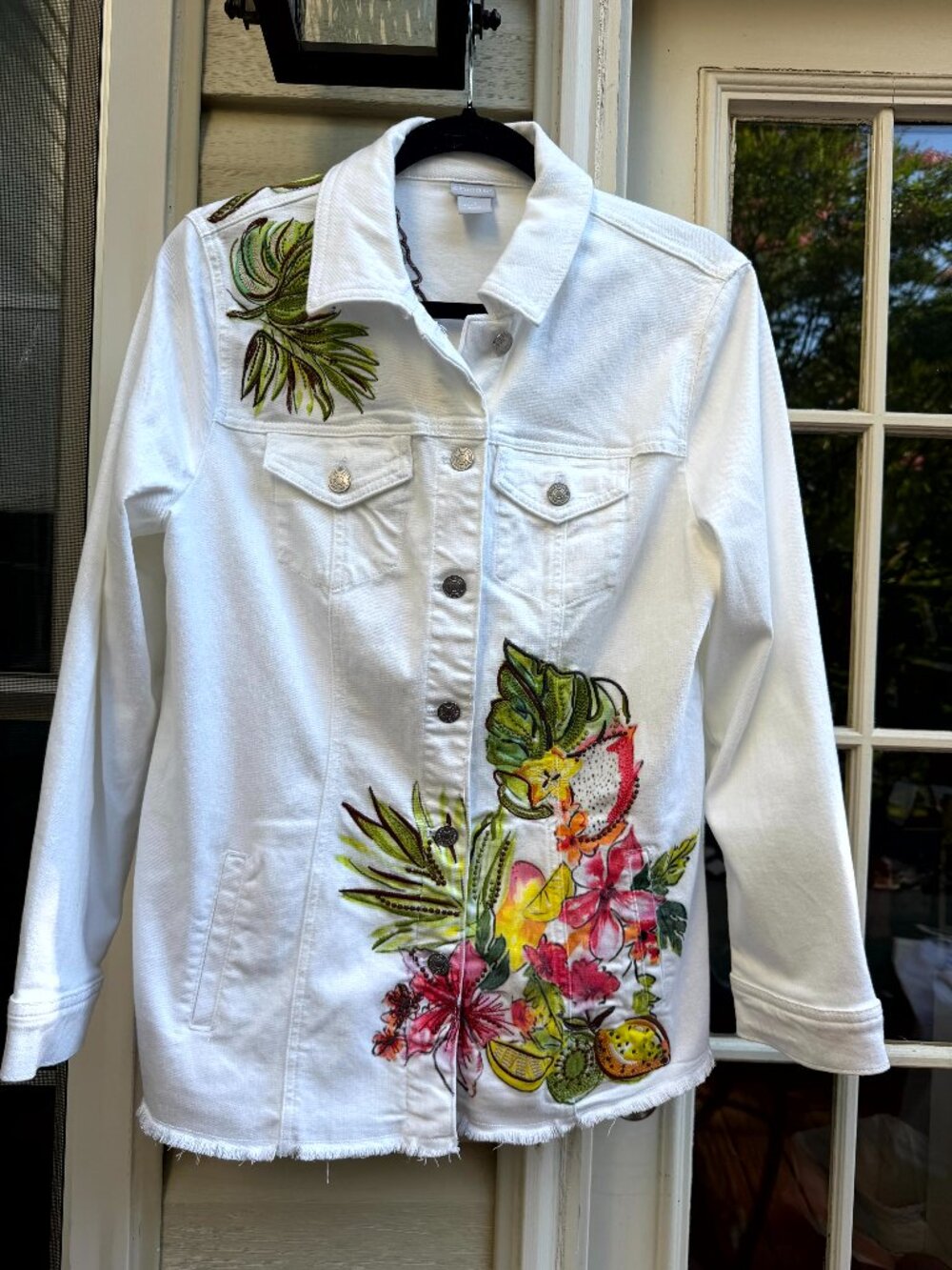 NWOT Chico's Tropical Floral Embellished Denim Jacket Chico's Sz 1/ US 8/10